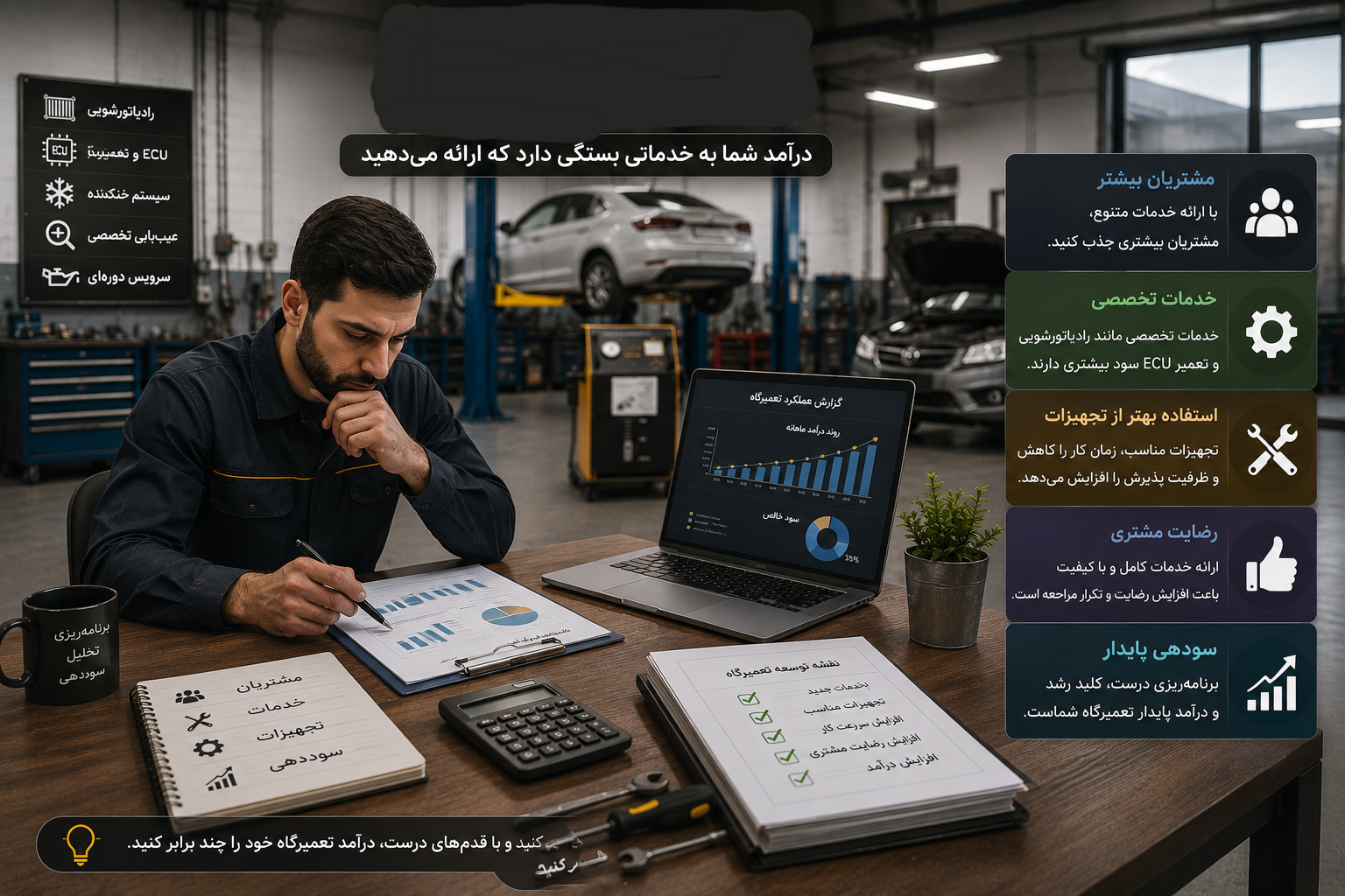بهترین روشهای درآمدزایی از مکانیکی خودرو؛ راهنمای افزایش درآمد تعمیرگاه بهترین روشهای درآمدزایی از مکانیکی خودرو؛ راهنمای افزایش درآمد تعمیرگاه